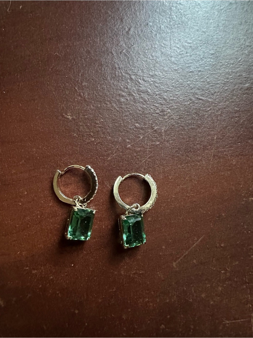 Gold Hoop Earrings with Emerald Green Rectangular Stones